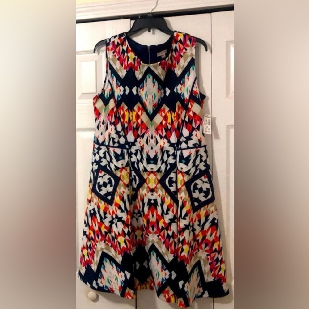 Dress Barn Sleeveless Multicolor Geometric Fit-and-Flare Dress Size 14W.